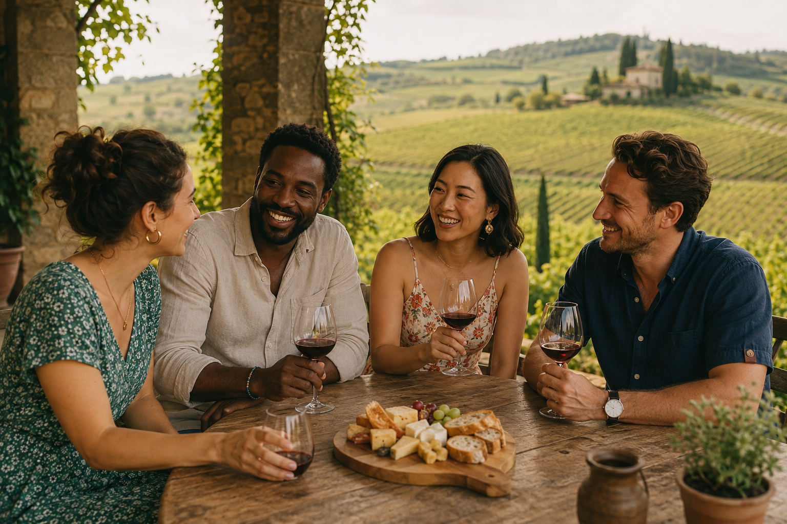 Un gruppo di persone condivide un momento conviviale in una cantina tra le colline