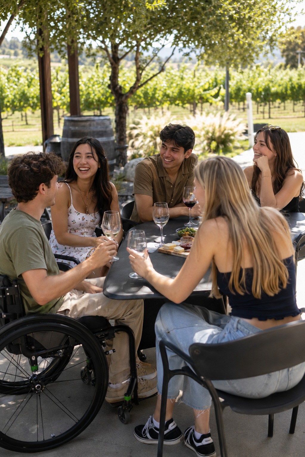 Persone che condividono un momento conviviale tra i vigneti