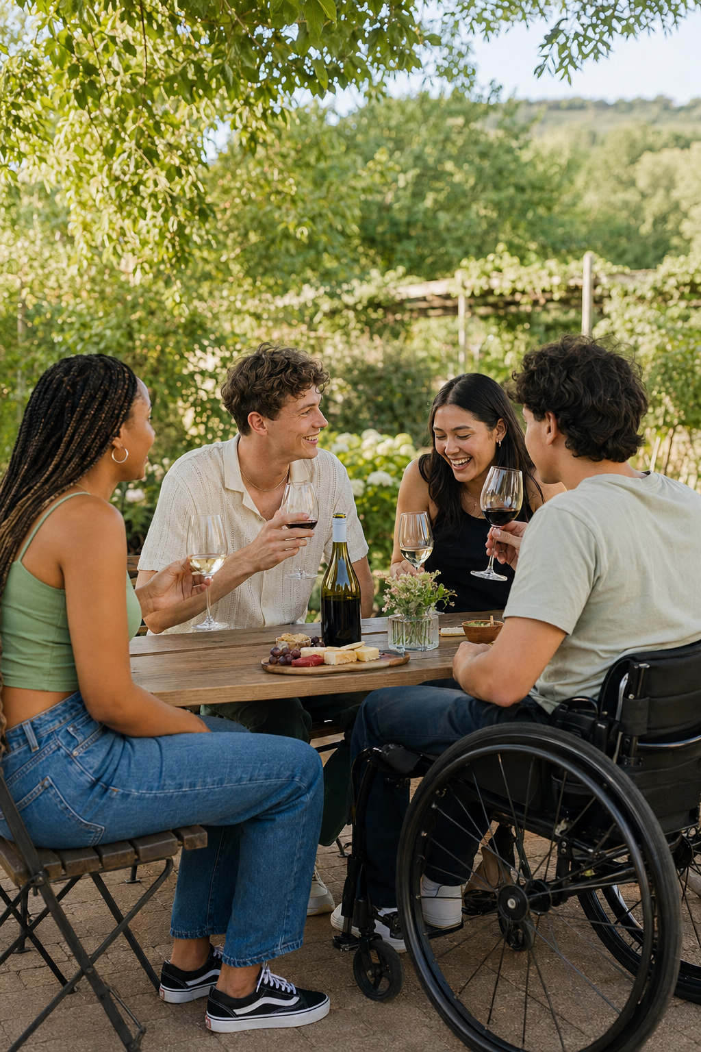 Persone che condividono un momento conviviale tra i vigneti